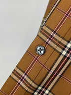 Burberry plaid cuff with round logo button, brown tan with white and red accents