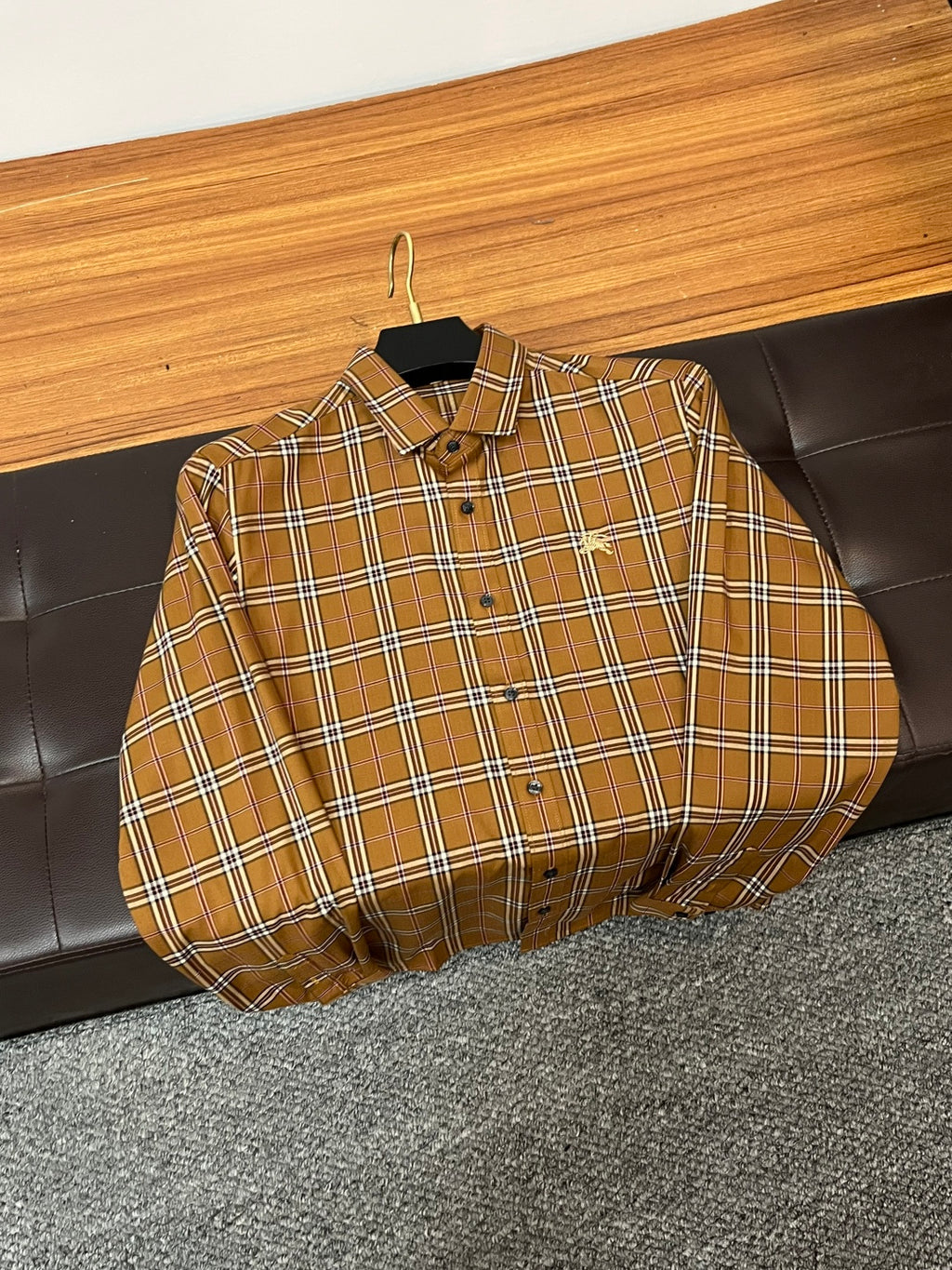 Burberry long-sleeve plaid button-up shirt, brown tan and white with navy grid