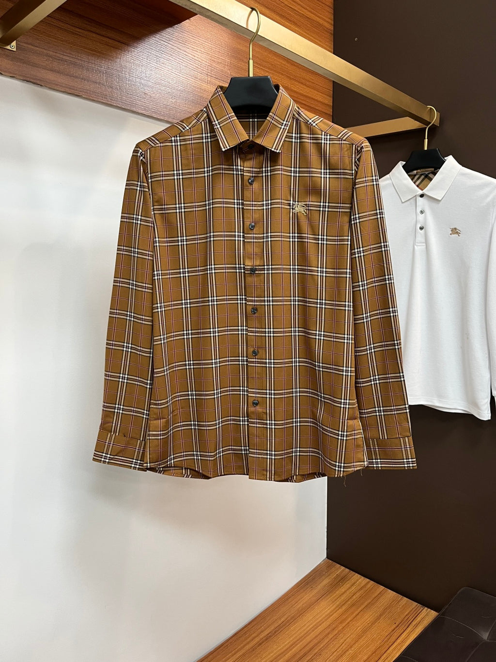 Burberry long-sleeve plaid button-up shirt, brown tan with white and navy grid