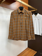 Burberry long-sleeve plaid button-up shirt, brown tan with white and navy grid