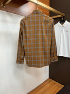 Burberry long-sleeve plaid button-up shirt, brown tan with white and navy grid
