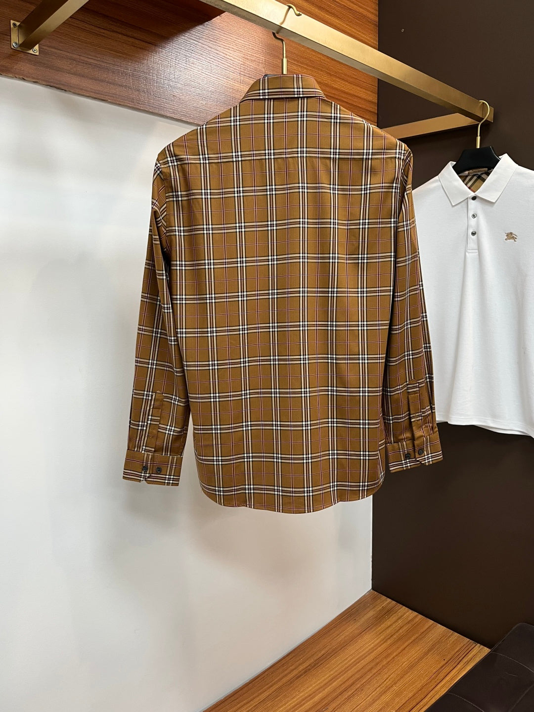 Burberry long-sleeve plaid button-up shirt, brown tan with white and navy grid
