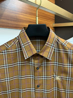 Burberry plaid button-up shirt collar with front button placket, brown tan and navy