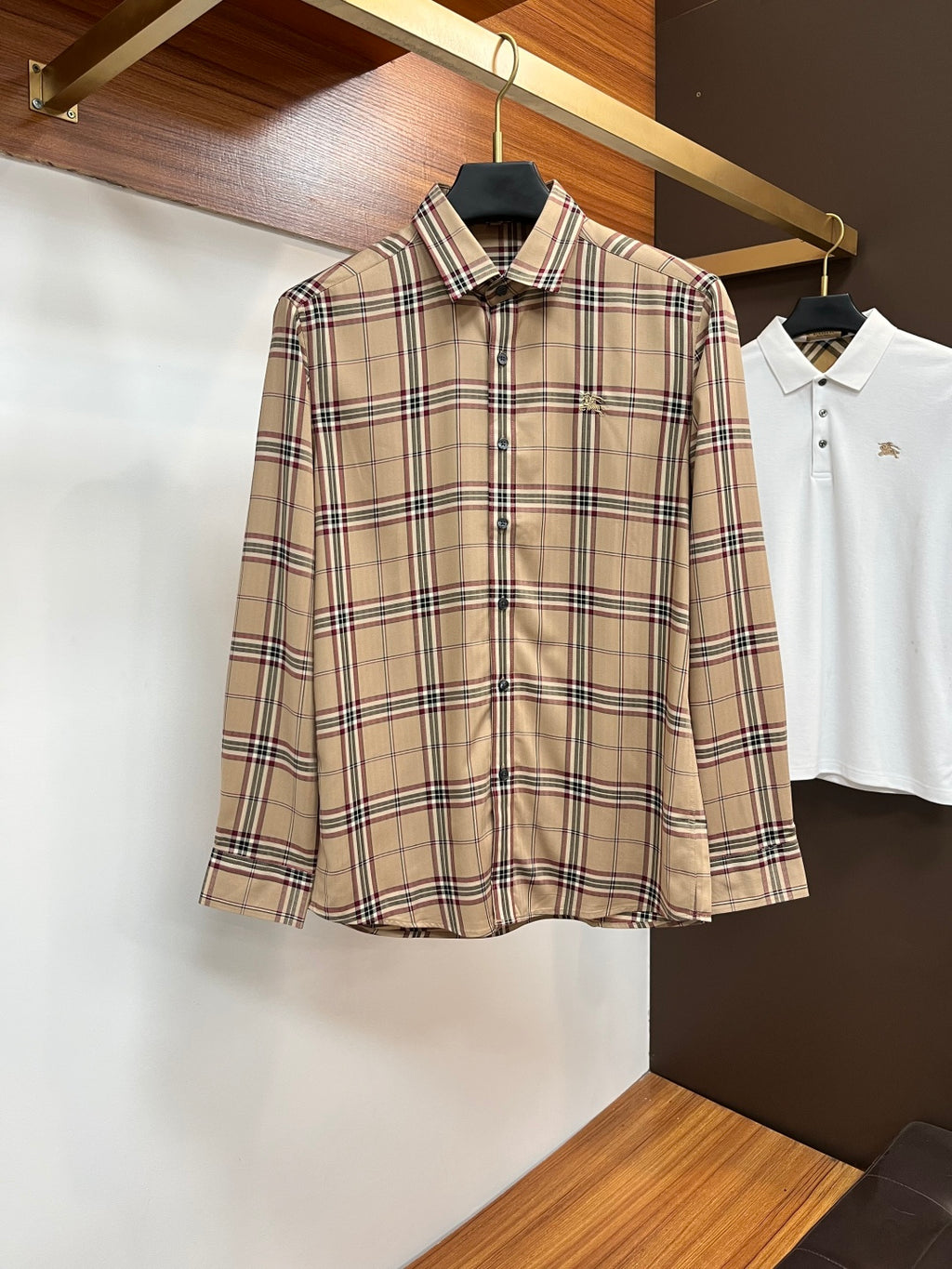 Beige plaid long-sleeve button-up shirt with pointed collar and chest pocket