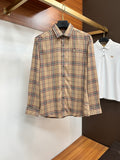 Beige plaid long-sleeve button-up shirt with pointed collar and chest pocket