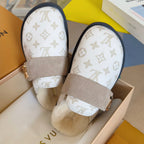 Louis Vuitton monogram sandals with beige suede strap and plush lining