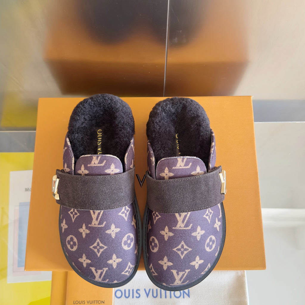 Louis Vuitton logo sandals with dark monogram pattern, plush interior, and front buckle closure