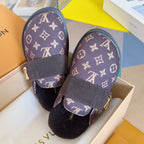 Louis Vuitton logo slides with dark monogram canvas, wide strap, and plush lining inside