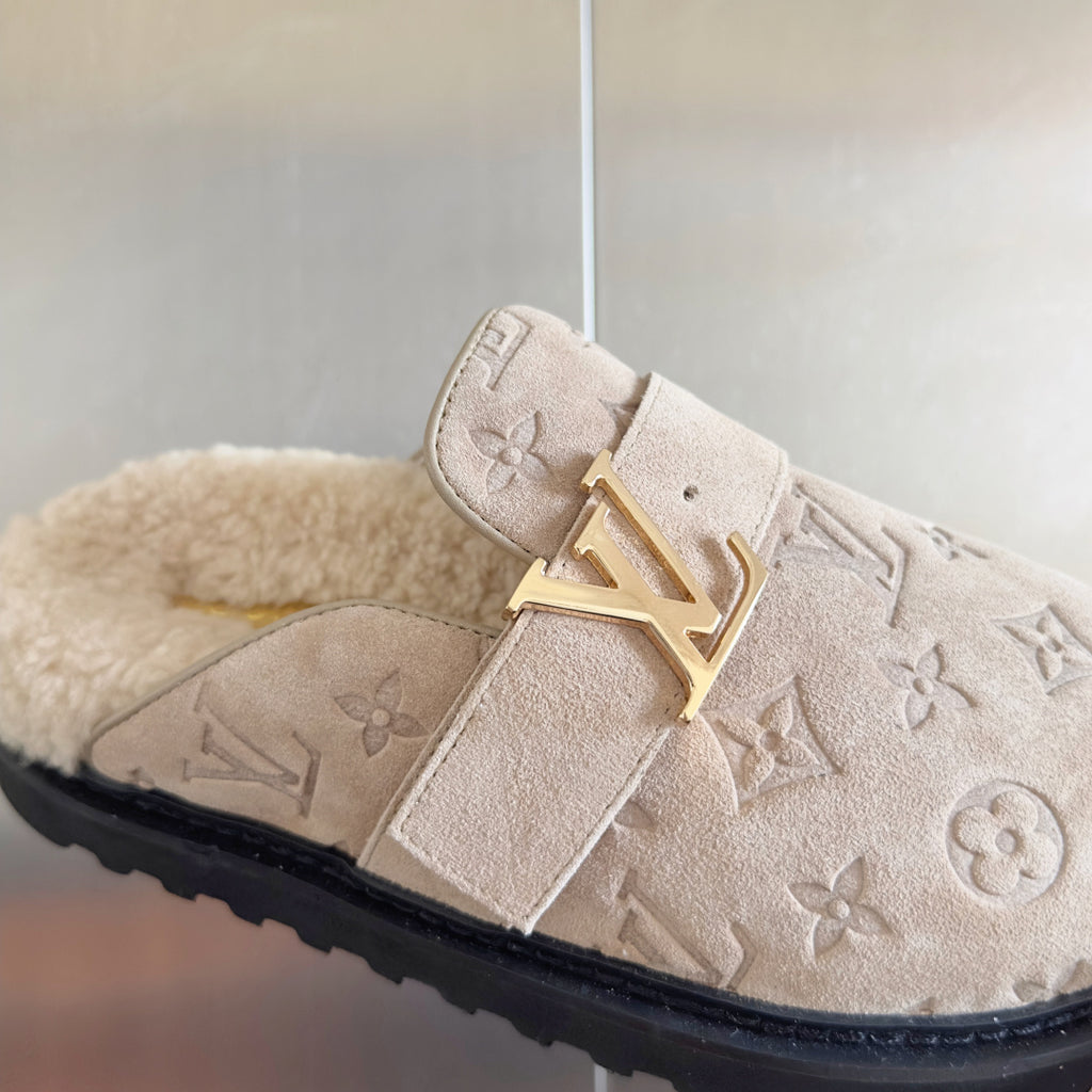 Louis Vuitton monogram slide sandal, tan suede strap with gold LV buckle and shearling lining