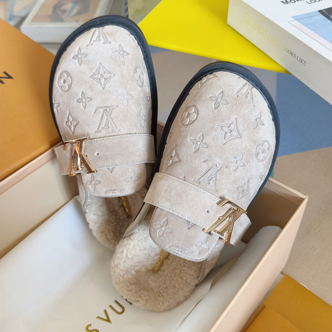 Louis Vuitton monogram slide sandals, tan suede straps with gold buckle and shearling lining