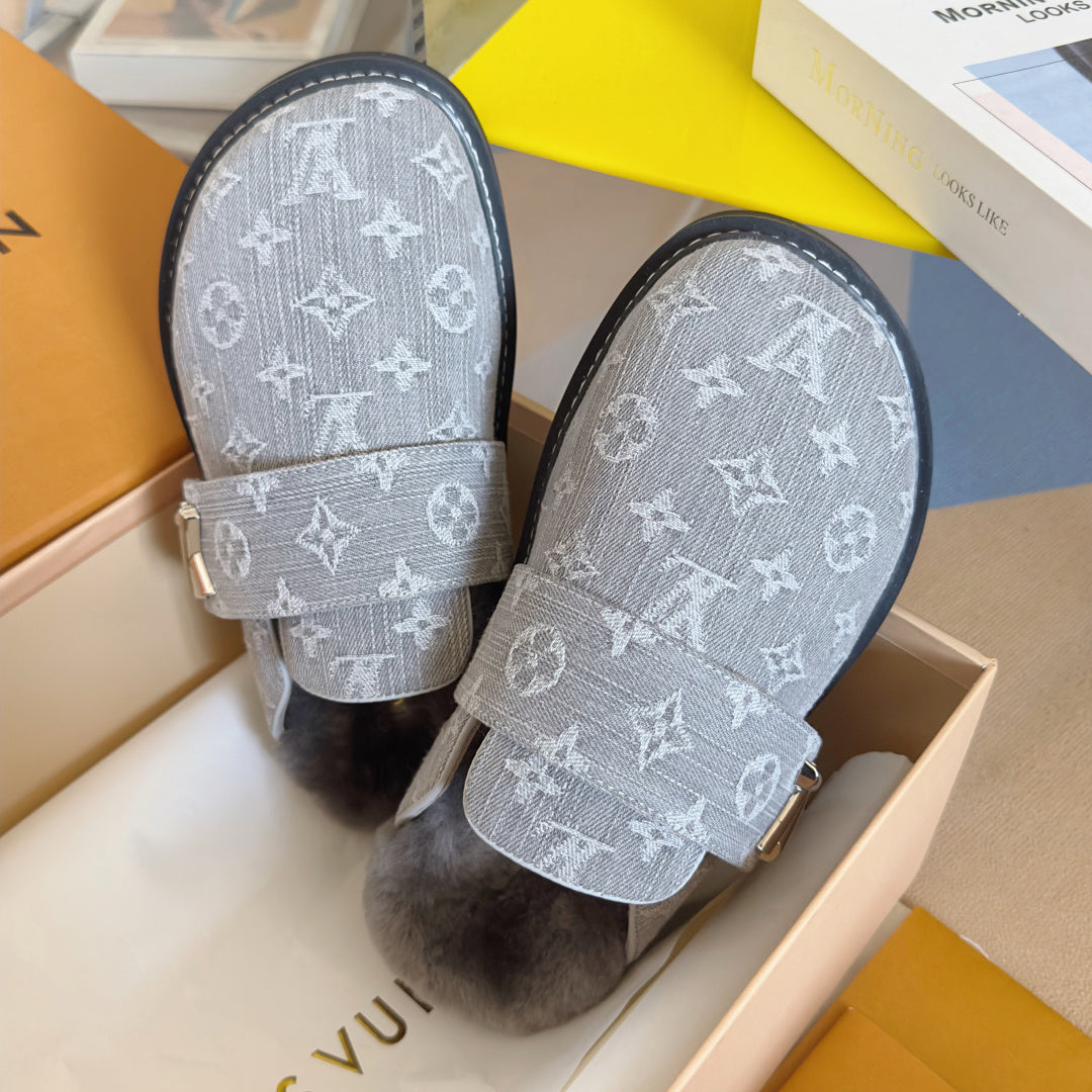 Louis Vuitton monogram slide sandals, gray upper, adjustable buckle strap, fur lining