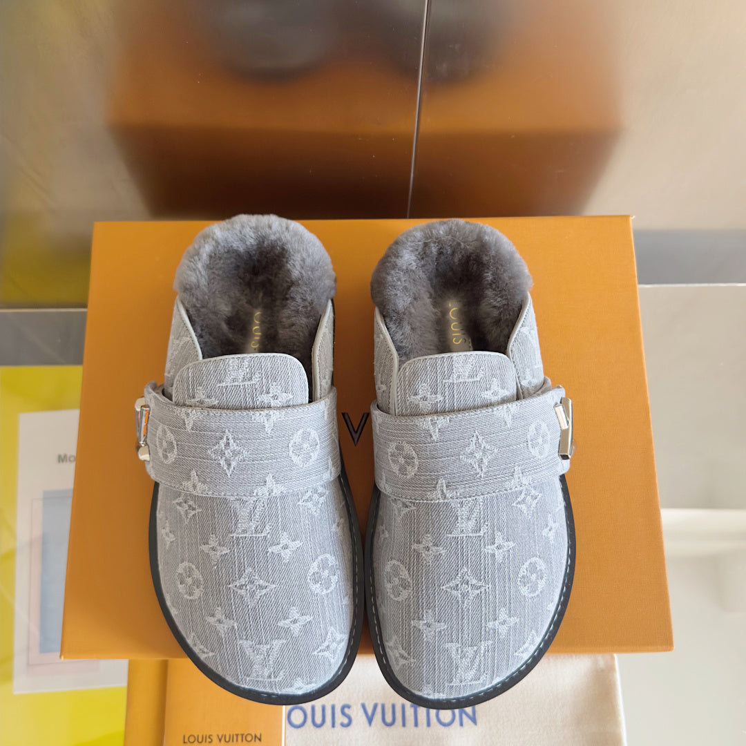 Louis Vuitton monogram slide sandals, gray upper, faux-fur lining, metal buckle strap