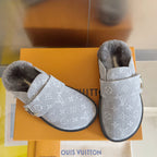 Louis Vuitton monogram slide sandals, gray upper, adjustable buckle strap, fur lining