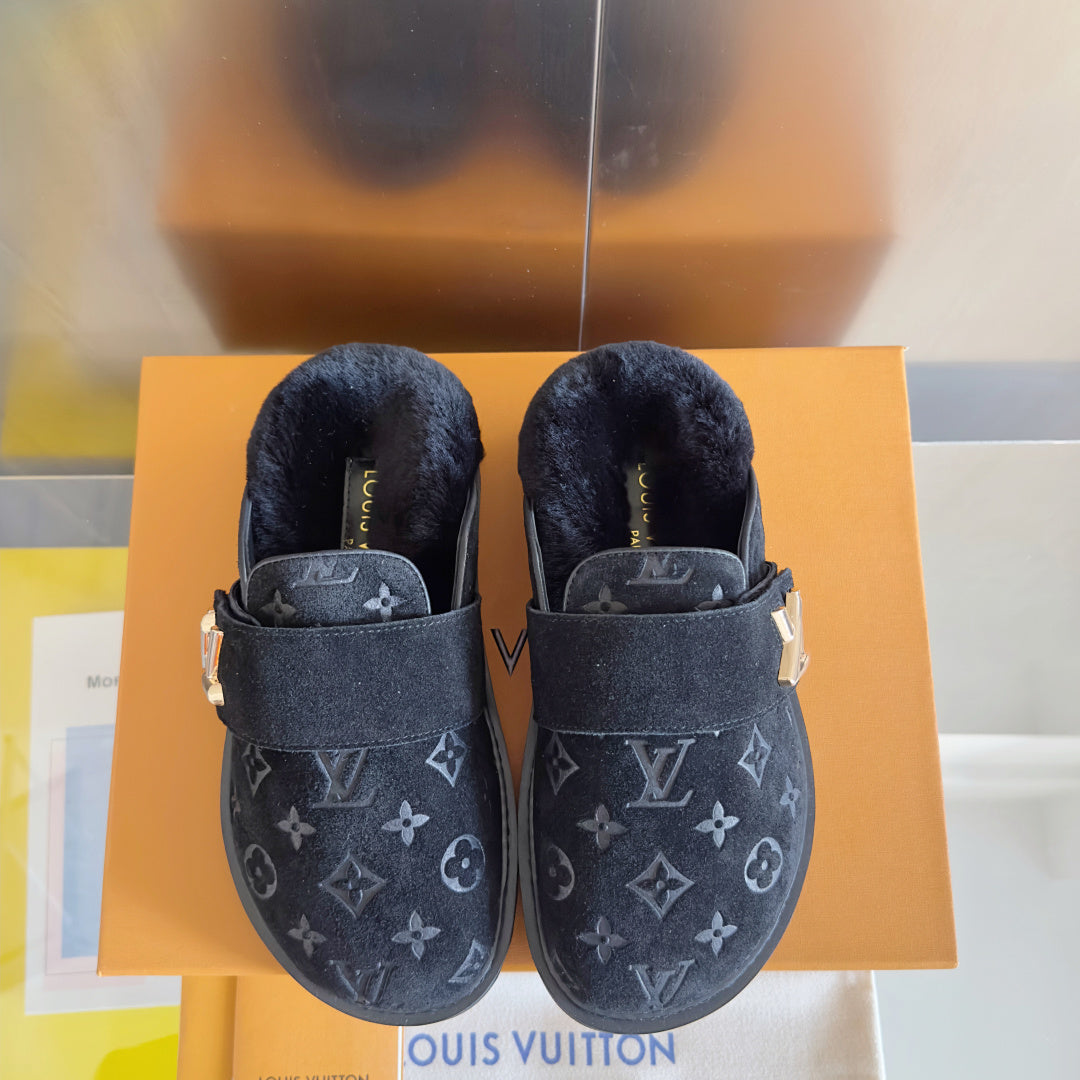 Louis Vuitton monogram slide sandals in dark suede with gold buckle and plush lining