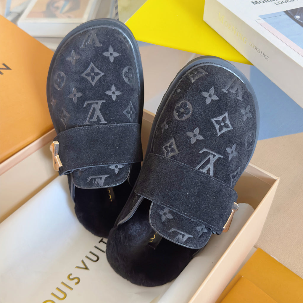Louis Vuitton monogram slide sandals in dark suede with gold buckle and plush lining