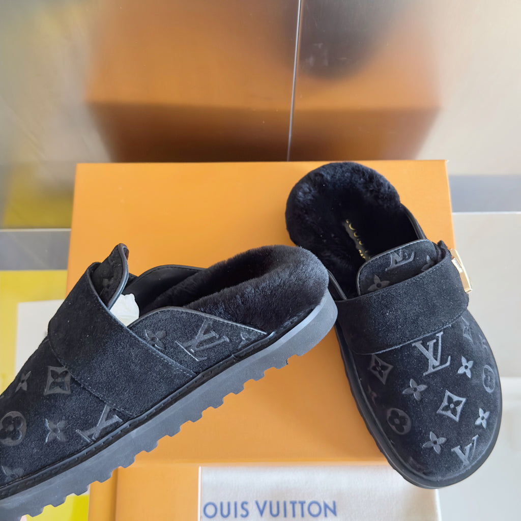 Louis Vuitton monogram slide sandals in dark suede with gold buckle and chunky sole