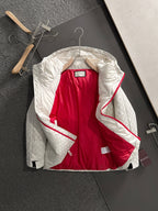 Gucci hooded jacket with hood open, light-gray monogram and red interior