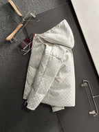 Gucci hooded jacket, light-gray monogram pattern, front with red zipper