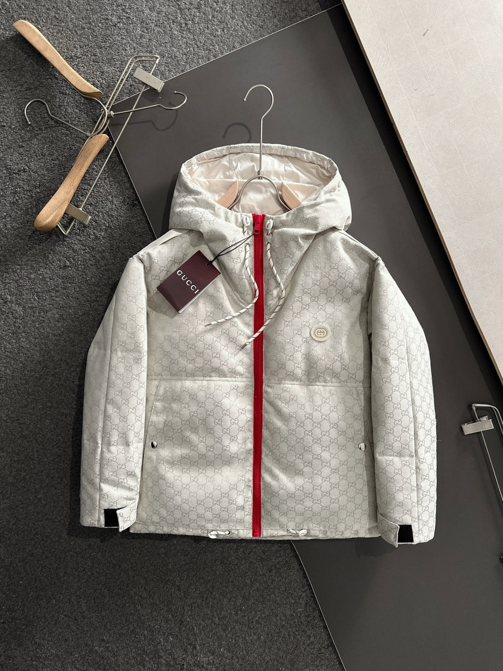 Gucci hooded jacket, light-gray monogram, red front zip and lining