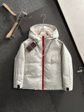 Gucci hooded jacket, light-gray monogram, red front zip and lining