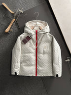 Gucci hooded jacket, light-gray monogram, red front zip and lining