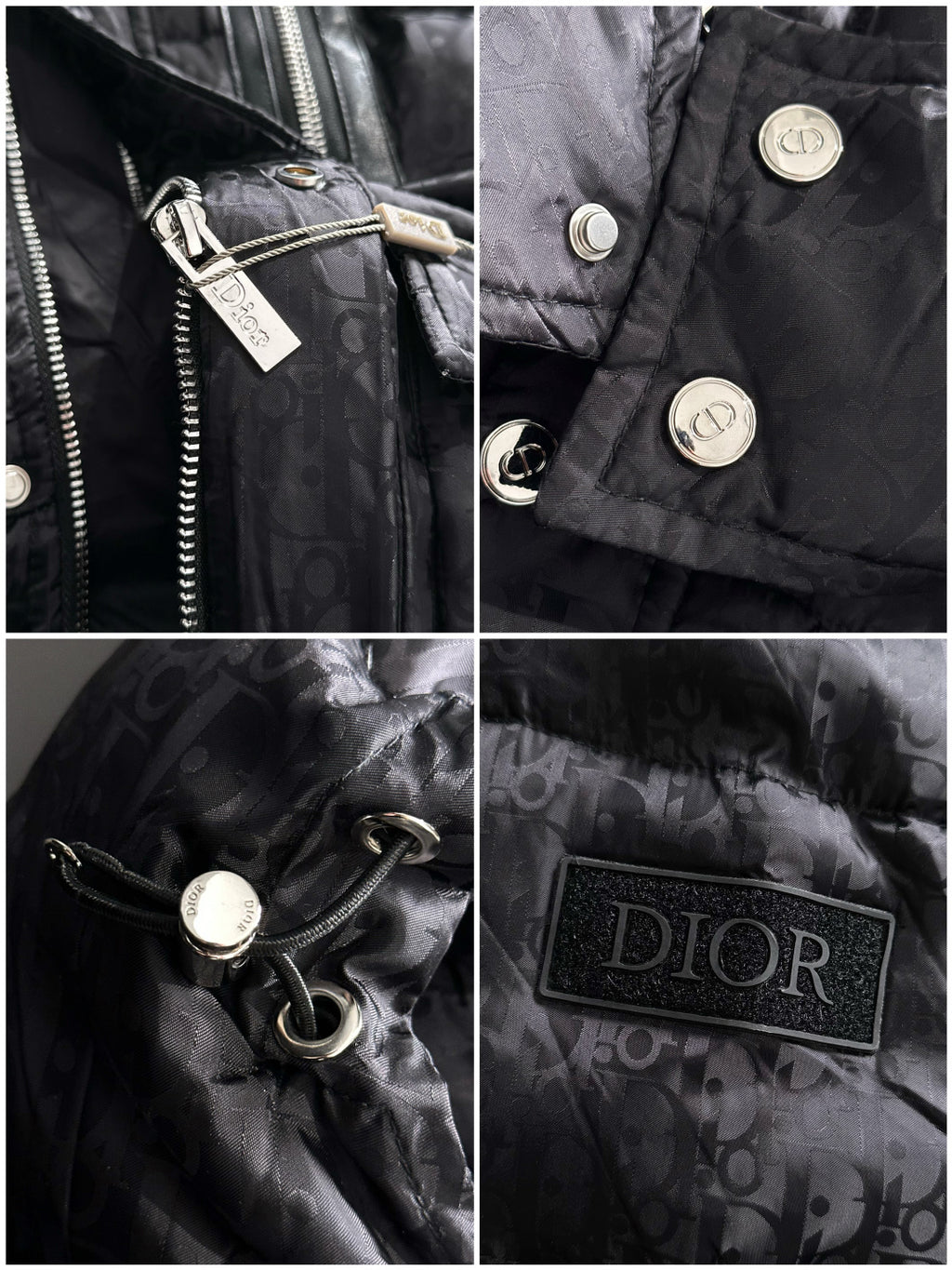 Black hooded puffer jacket details: metal zipper, snap buttons, hanging brand tag