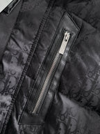 Black puffer jacket front zipper with leather trim, Dior monogram fabric, metal zipper teeth