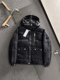 Long black puffer jacket with hood, front zipper, button pockets, Dior monogram