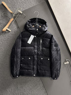 Long black puffer jacket with hood, front zipper, button pockets, Dior monogram