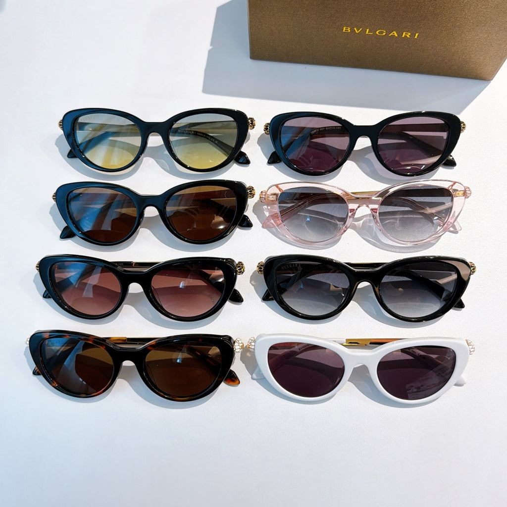 Assorted Bvlgari sunglasses: six pairs in black, blue, pink, and white frames