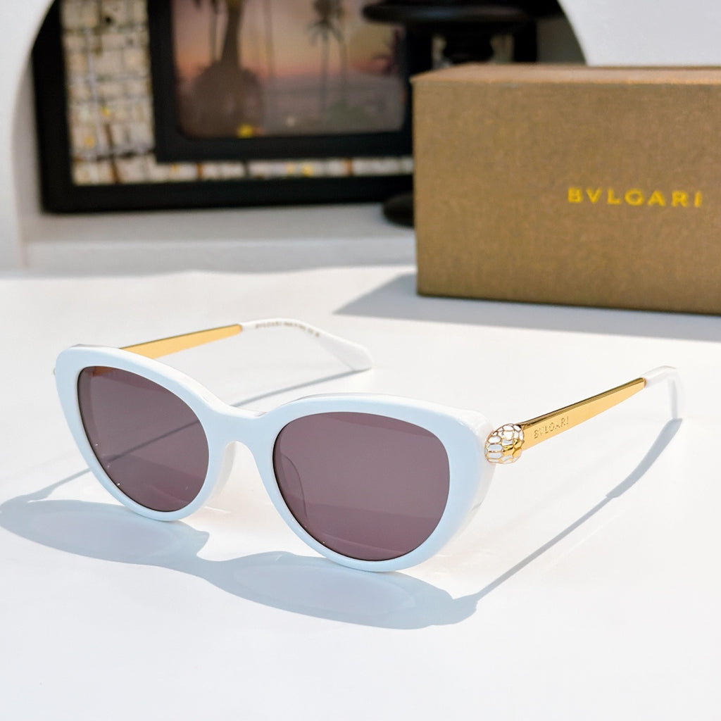 Bvlgari sunglasses with white frames and mauve tinted lenses