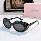 MiuMiu black sunglasses with round gray lenses and logo on the side temples