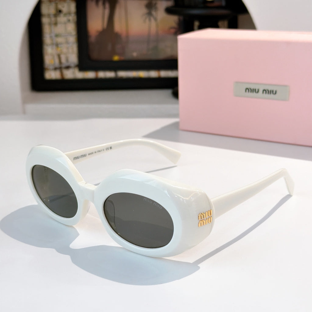 MiuMiu white sunglasses with round dark lenses and logo on the temple