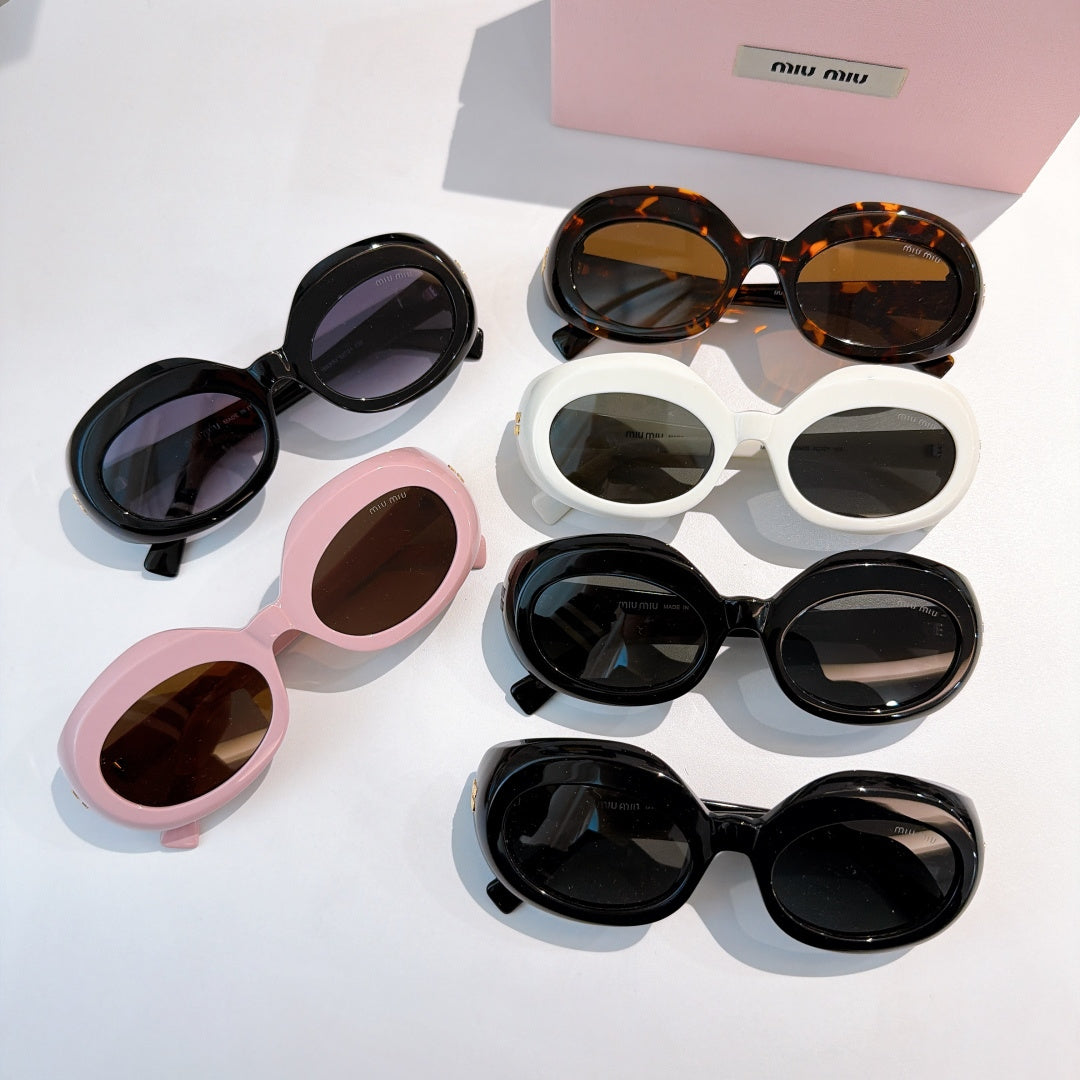 MiuMiu sunglasses assortment with multiple round frames in black, pink, white, and tortoiseshell