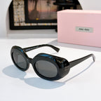 MiuMiu dark sunglasses with round lenses, side logo on the temples