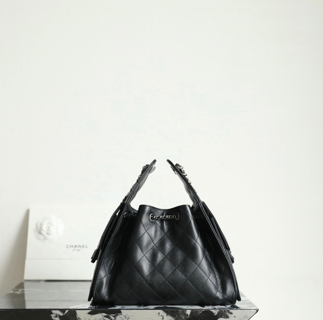 Chanel black quilted leather bucket bag with double chain handles