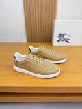 Burberry light tan leather sneakers with white sole and lace-up design