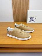 Burberry light tan leather sneakers with white sole and lace-up design