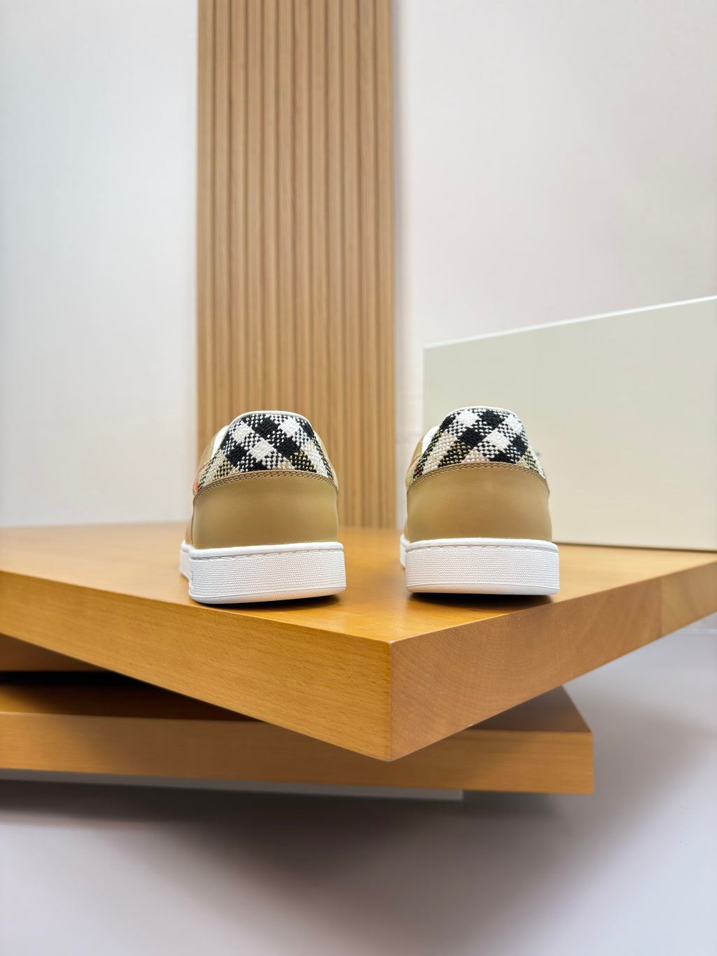 Burberry light tan sneakers with white sole and check-pattern heel tab