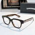 Black acetate eyeglasses with round-square frame and tortoise-pattern temple