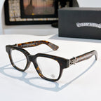 Black acetate eyeglasses with round-square frame and tortoise-pattern temple