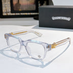 Light gray acetate eyeglasses with clear lenses and gold-tone hinge detail