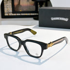 Black acetate eyeglasses with tortoise temple and gold-tone hinge detail