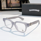 Light gray acetate eyeglasses with oversized frame and metal hinge detail