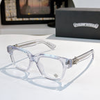 Clear acetate eyeglasses with large frame and metal decorative hinge