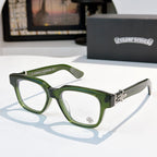 Olive green acetate eyeglasses with round-square frame and metal hinge