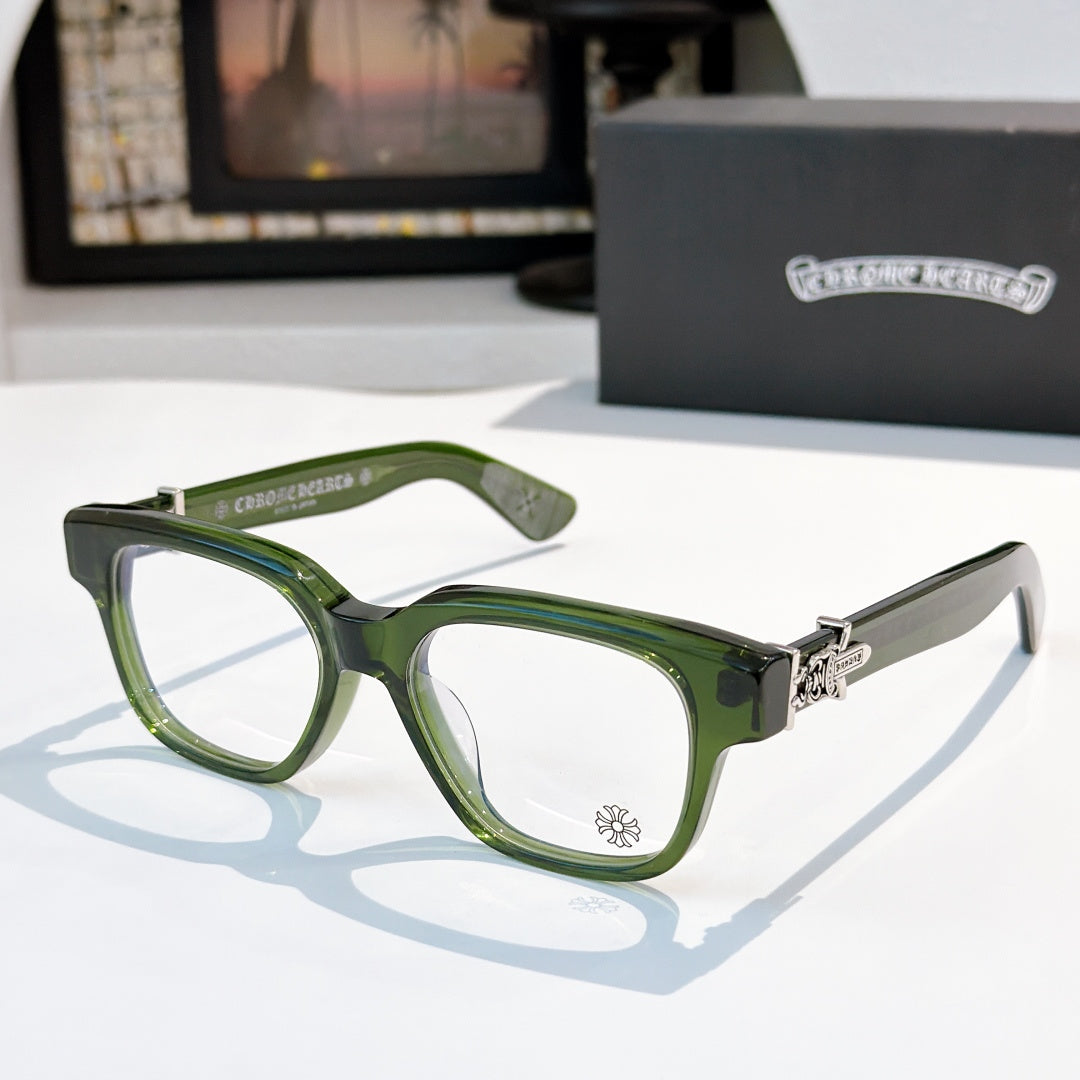 Olive green acetate eyeglasses with round-square frame and metal hinge