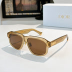 Gold square sunglasses with brown lenses and gold-tone logo temple detail