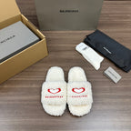 Balenciaga fuzzy white slide sandals with red logo embroidery
