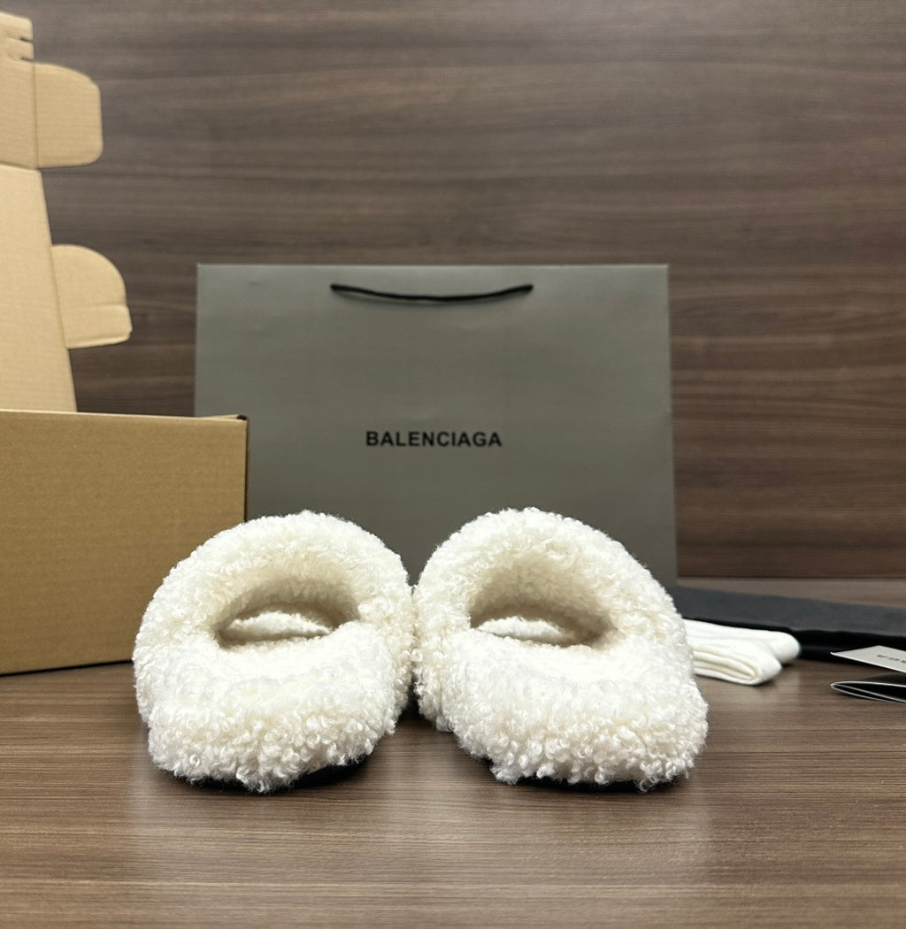 Balenciaga white teddy slide sandals with curved open-toe design